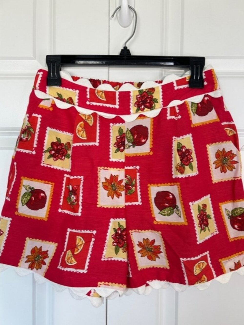 Skies Are Blue Red Floral & Fruit Print Shorts with White Trim